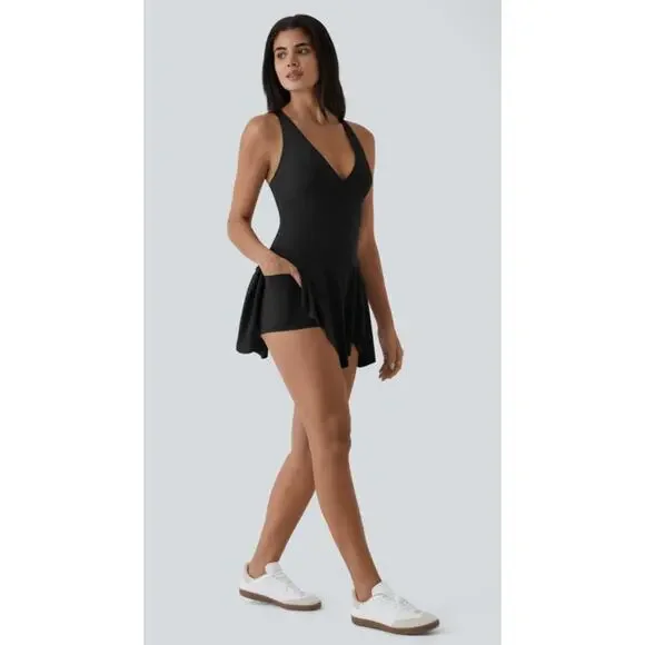 Halara Deep V Neck Racerback 2-in-1 Side Pocket Flare Mini Casual Dress - Picture 7 of 12